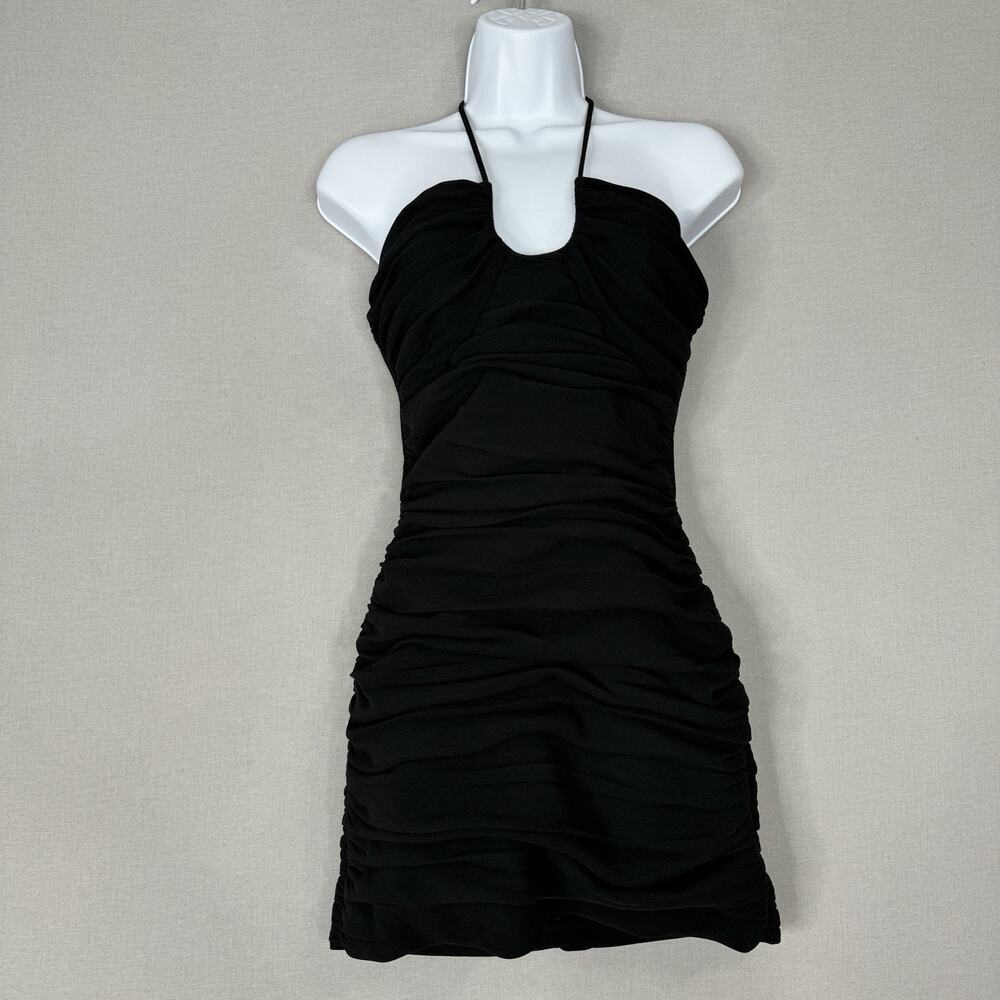 Zara Womens Dress Small Black Ruched Tie Back Halter Bodycon Mini Cocktail Club